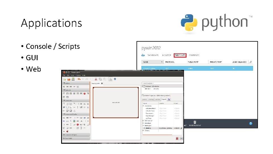 Applications • Console / Scripts • GUI • Web 