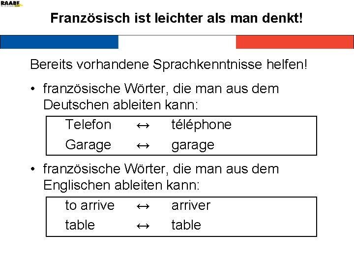 Französisch ist leichter als man denkt! Bereits vorhandene Sprachkenntnisse helfen! • französische Wörter, die