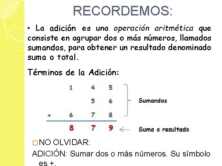 RECORDEMOS: • La adición es una operación aritmética que consiste en agrupar dos o