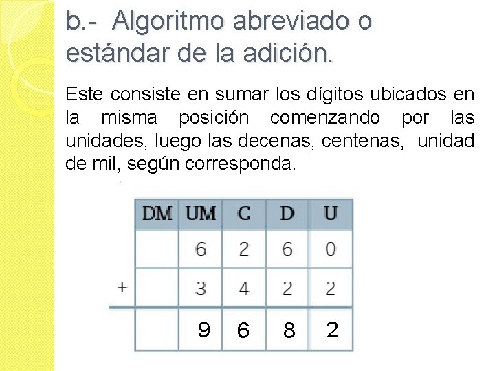 b. - Algoritmo abreviado o estándar de la adición. Este consiste en sumar los