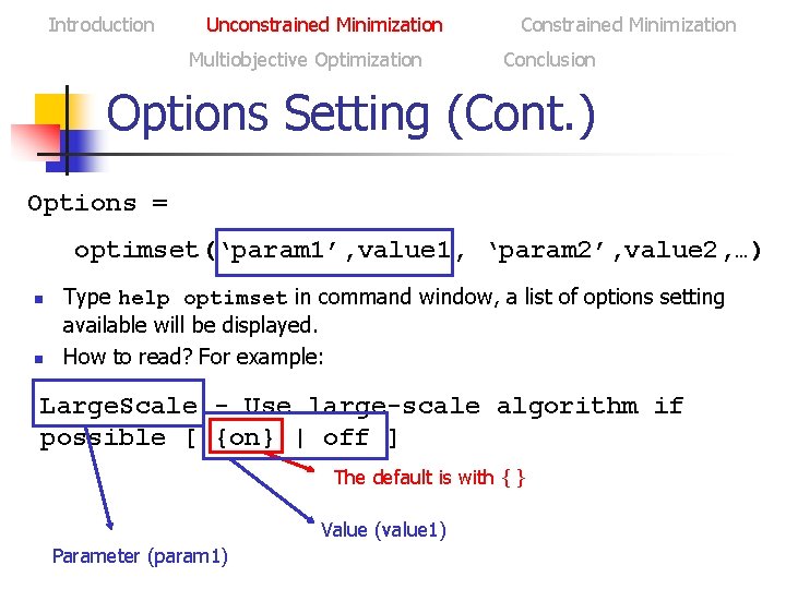 Introduction Unconstrained Minimization Multiobjective Optimization Constrained Minimization Conclusion Options Setting (Cont. ) Options =