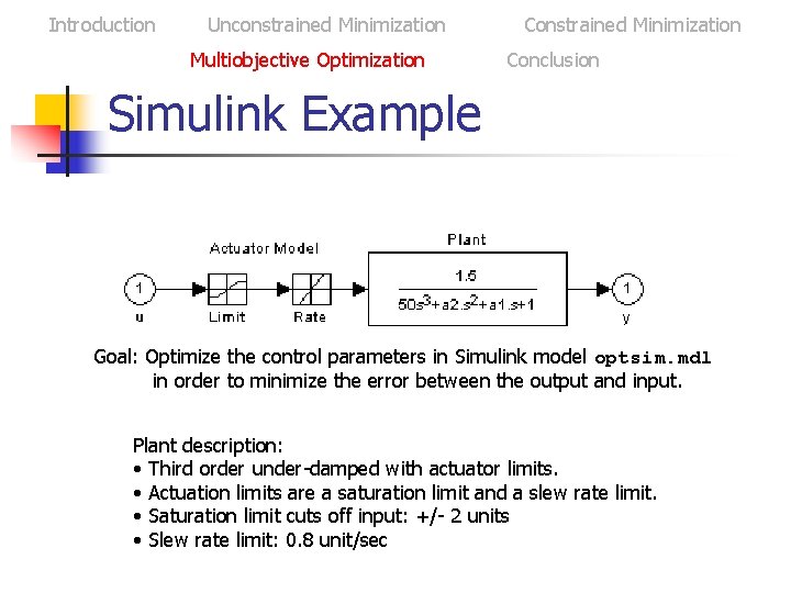 Introduction Unconstrained Minimization Multiobjective Optimization Constrained Minimization Conclusion Simulink Example Goal: Optimize the control