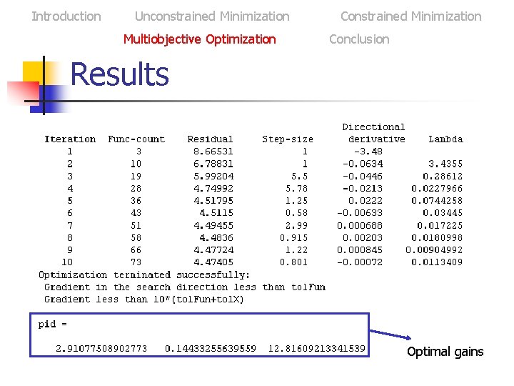 Introduction Unconstrained Minimization Multiobjective Optimization Constrained Minimization Conclusion Results Optimal gains 