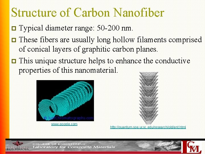 Structure of Carbon Nanofiber Typical diameter range: 50 -200 nm. p These fibers are