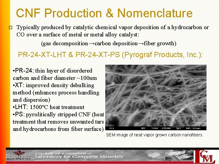 CNF Production & Nomenclature p Typically produced by catalytic chemical vapor deposition of a