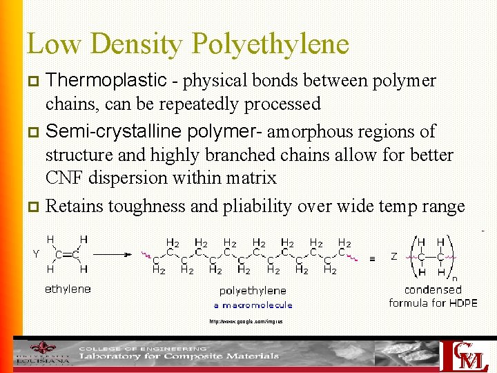 Low Density Polyethylene Thermoplastic - physical bonds between polymer chains, can be repeatedly processed
