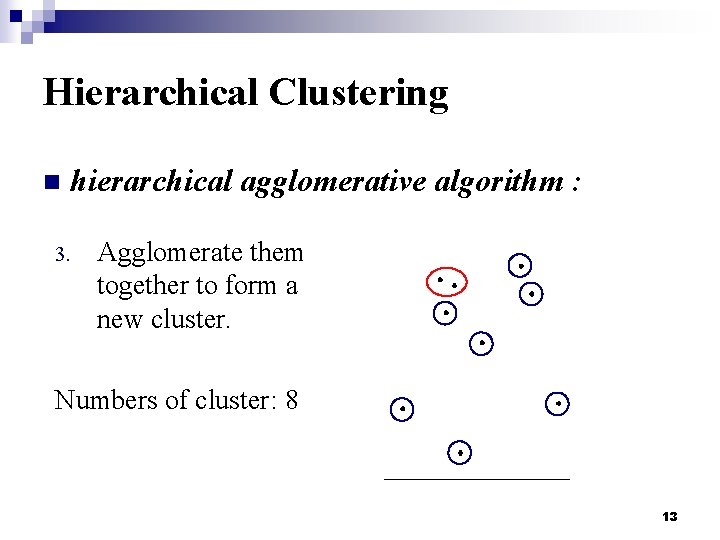 Hierarchical Clustering n hierarchical agglomerative algorithm : 3. Agglomerate them together to form a
