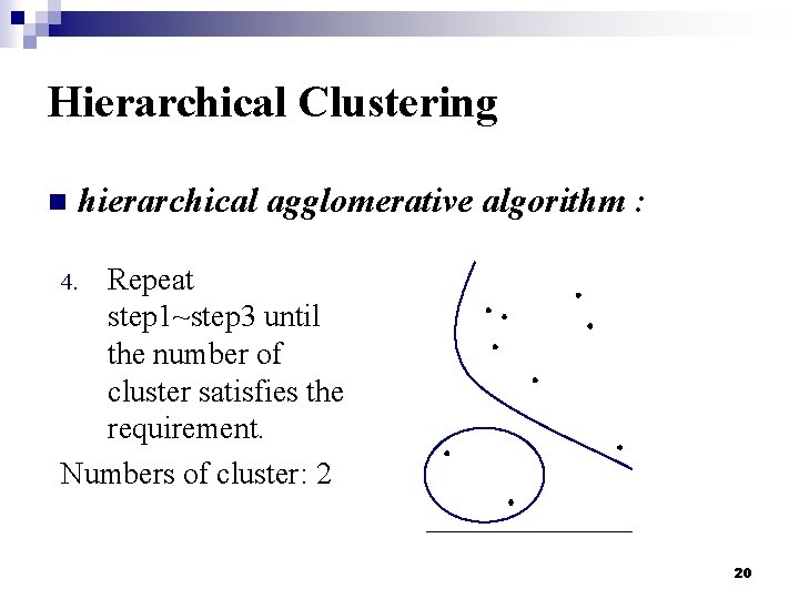 Hierarchical Clustering n hierarchical agglomerative algorithm : Repeat step 1~step 3 until the number