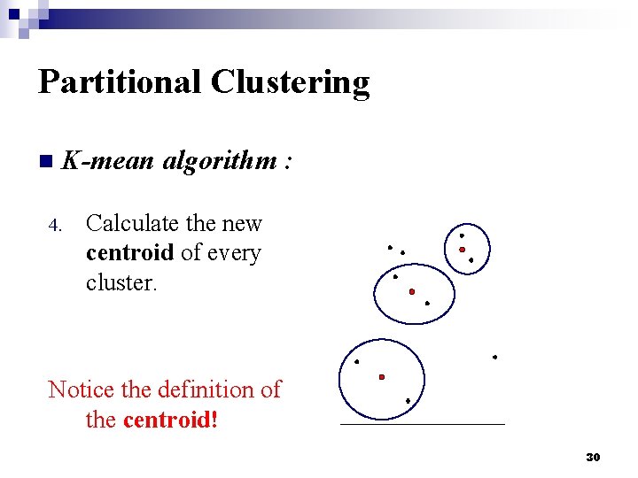 Partitional Clustering n K-mean algorithm : 4. Calculate the new centroid of every cluster.