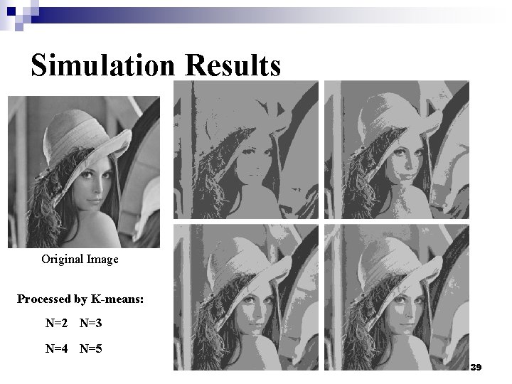 Simulation Results Original Image Processed by K-means: N=2 N=3 N=4 N=5 39 