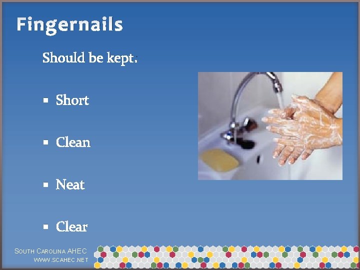 Fingernails Should be kept: § Short § Clean § Neat § Clear SOUTH CAROLINA