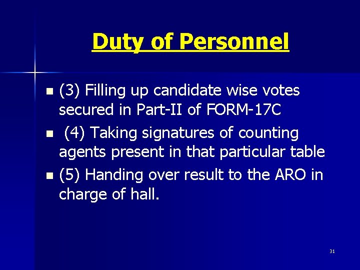 Duty of Personnel (3) Filling up candidate wise votes secured in Part-II of FORM-17