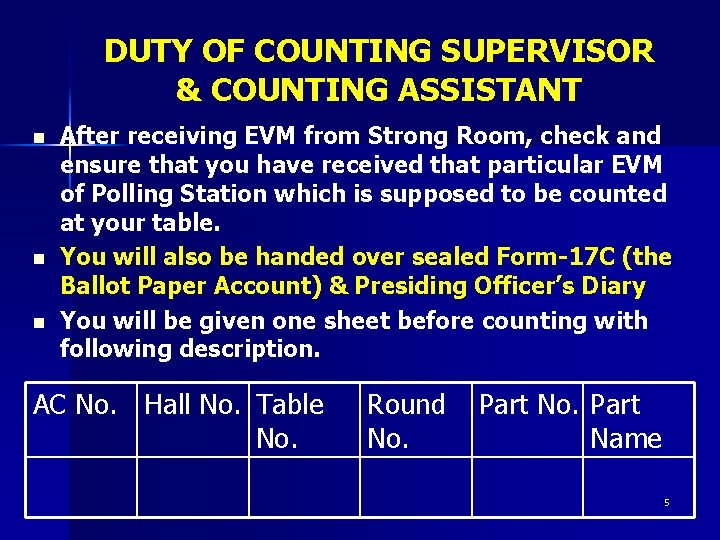 DUTY OF COUNTING SUPERVISOR & COUNTING ASSISTANT n n n After receiving EVM from