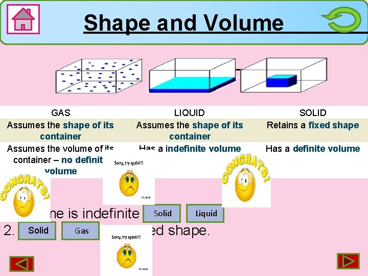 Shape and Volume GAS Assumes the shape of its container Assumes the volume of