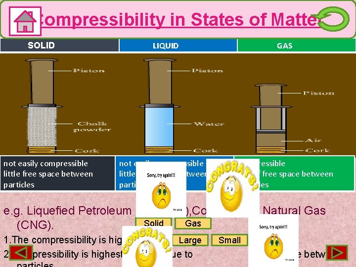 Compressibility in States of Matter SOLID not easily compressible little free space between particles