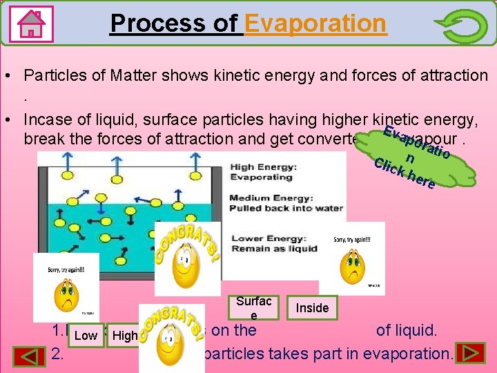 Process of Evaporation • Particles of Matter shows kinetic energy and forces of attraction.