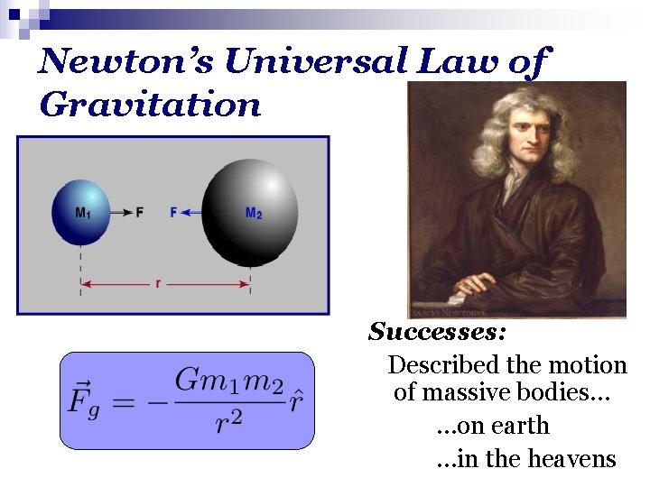 Newton’s Universal Law of Gravitation Successes: Described the motion of massive bodies… …on earth