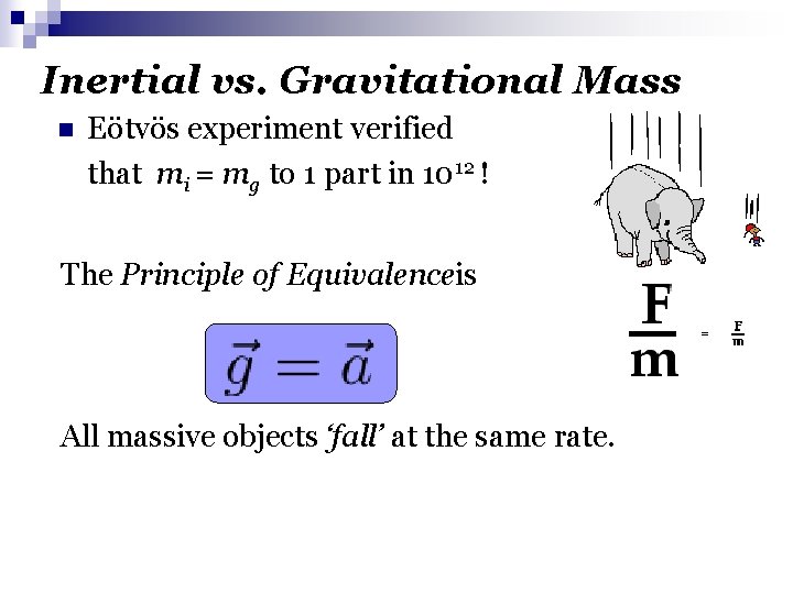 Inertial vs. Gravitational Mass n Eötvös experiment verified that mi = mg to 1