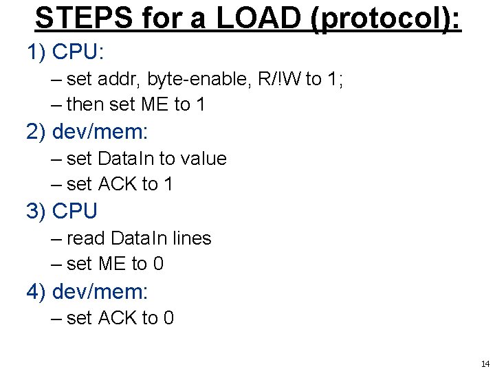 STEPS for a LOAD (protocol): 1) CPU: – set addr, byte-enable, R/!W to 1;
