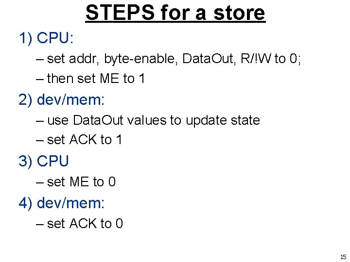 STEPS for a store 1) CPU: – set addr, byte-enable, Data. Out, R/!W to
