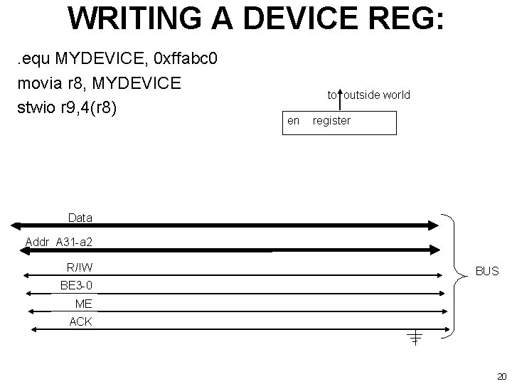 WRITING A DEVICE REG: . equ MYDEVICE, 0 xffabc 0 movia r 8, MYDEVICE