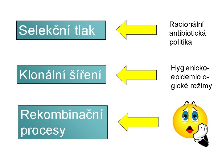 Selekční tlak Racionální antibiotická politika Klonální šíření Hygienickoepidemiologické režimy Rekombinační procesy 