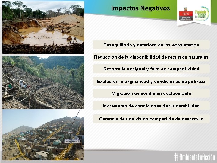 Impactos Negativos Desequilibrio y deterioro de los ecosistemas Reducción de la disponibilidad de recursos