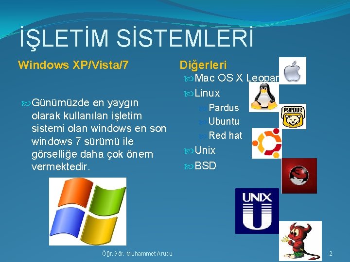 İŞLETİM SİSTEMLERİ Windows XP/Vista/7 Günümüzde en yaygın olarak kullanılan işletim sistemi olan windows en