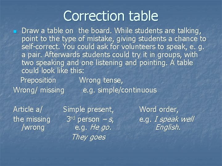 Correction table Draw a table on the board. While students are talking, point to