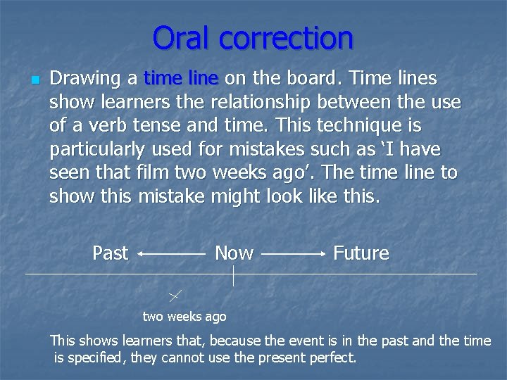 Oral correction n Drawing a time line on the board. Time lines show learners