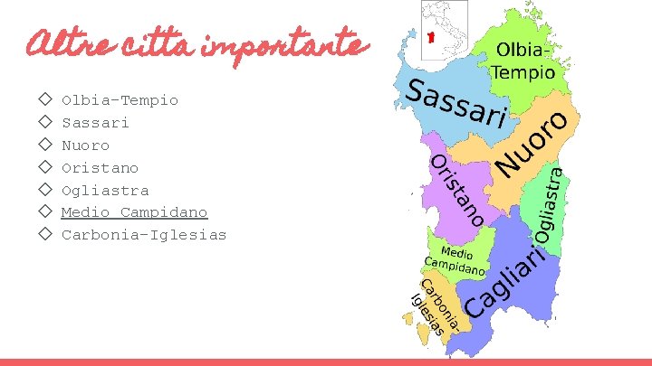 Altre citta importante ◇ ◇ ◇ ◇ Olbia-Tempio Sassari Nuoro Oristano Ogliastra Medio Campidano