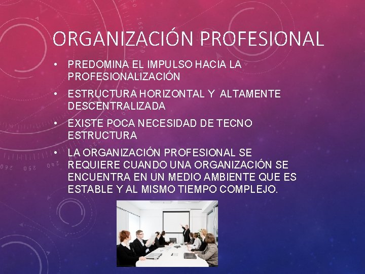 ORGANIZACIÓN PROFESIONAL • PREDOMINA EL IMPULSO HACIA LA PROFESIONALIZACIÓN • ESTRUCTURA HORIZONTAL Y ALTAMENTE