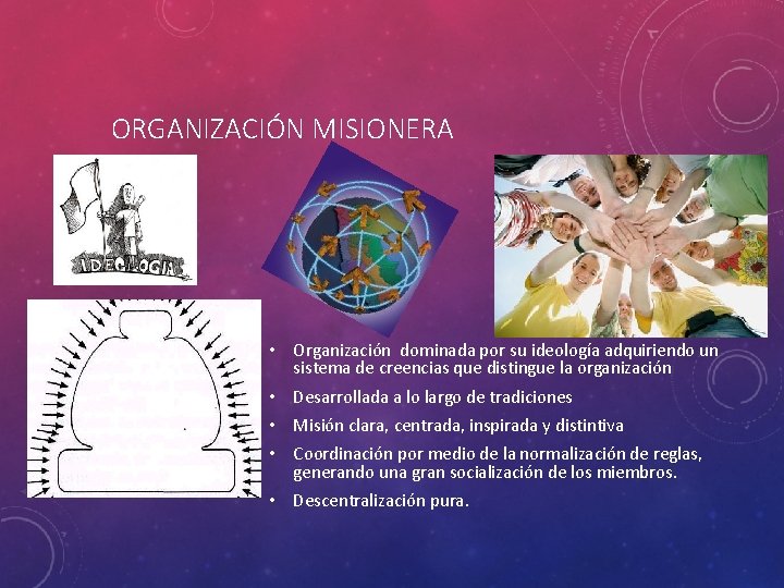 ORGANIZACIÓN MISIONERA • Organización dominada por su ideología adquiriendo un sistema de creencias que