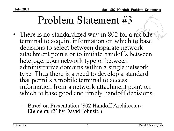 July. 2003 doc. : 802_Handoff_Problem_Statements Problem Statement #3 • There is no standardized way