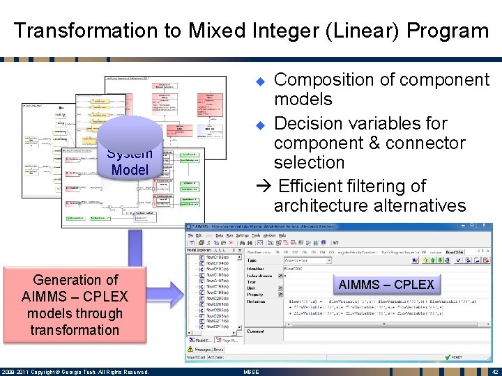 Transformation to Mixed Integer (Linear) Program Composition of component models u Decision variables for