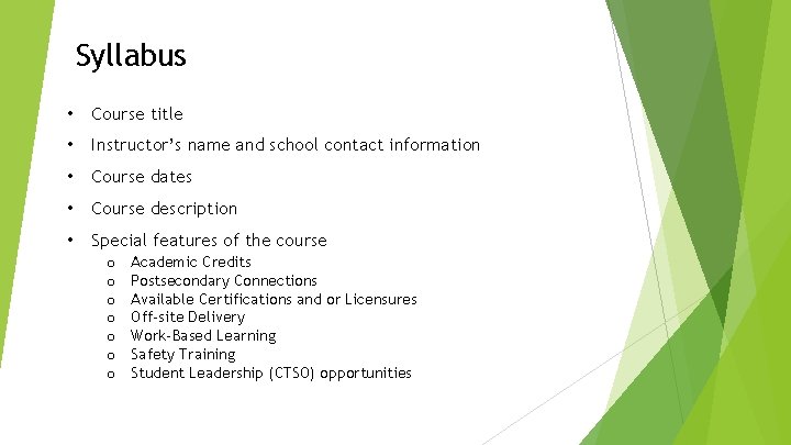 Syllabus • Course title • Instructor’s name and school contact information • Course dates