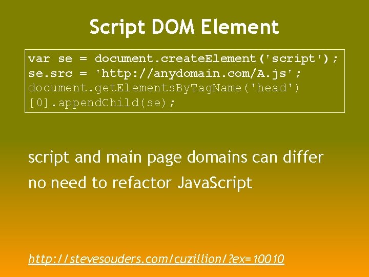 Script DOM Element var se = document. create. Element('script'); se. src = 'http: //anydomain.