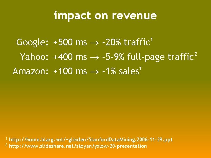 impact on revenue Google: +500 ms -20% traffic 1 Yahoo: +400 ms -5 -9%