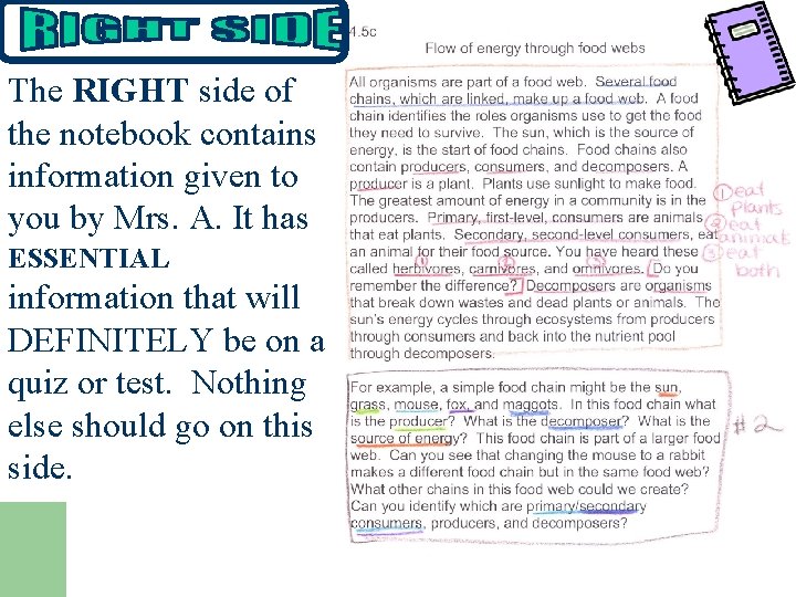 The RIGHT side of the notebook contains information given to you by Mrs. A.
