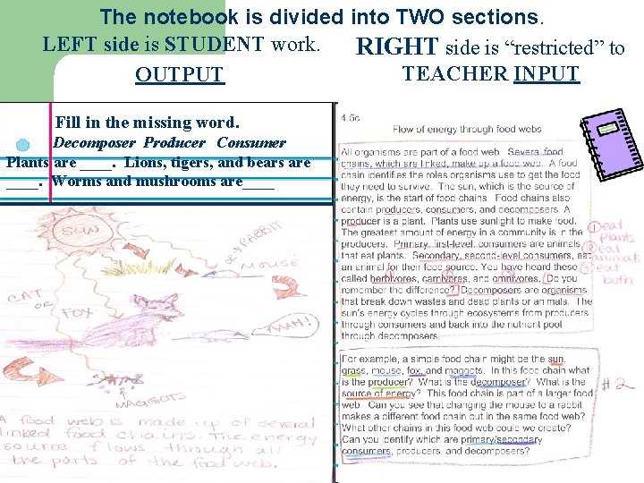 The notebook is divided into TWO sections. LEFT side is STUDENT work. RIGHT side
