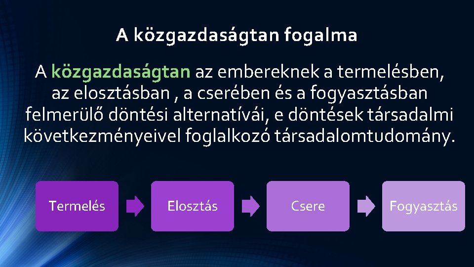 A közgazdaságtan fogalma A közgazdaságtan az embereknek a termelésben, az elosztásban , a cserében A közgazdaságtan fogalma A közgazdaságtan az embereknek a termelésben, az elosztásban , a cserében