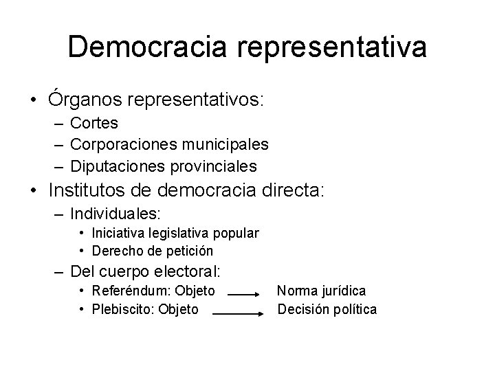 Democracia representativa • Órganos representativos: – Cortes – Corporaciones municipales – Diputaciones provinciales •