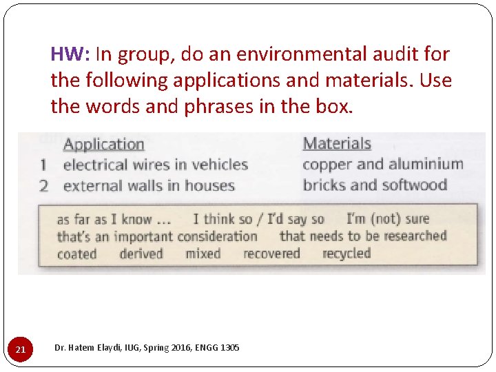 HW: In group, do an environmental audit for the following applications and materials. Use