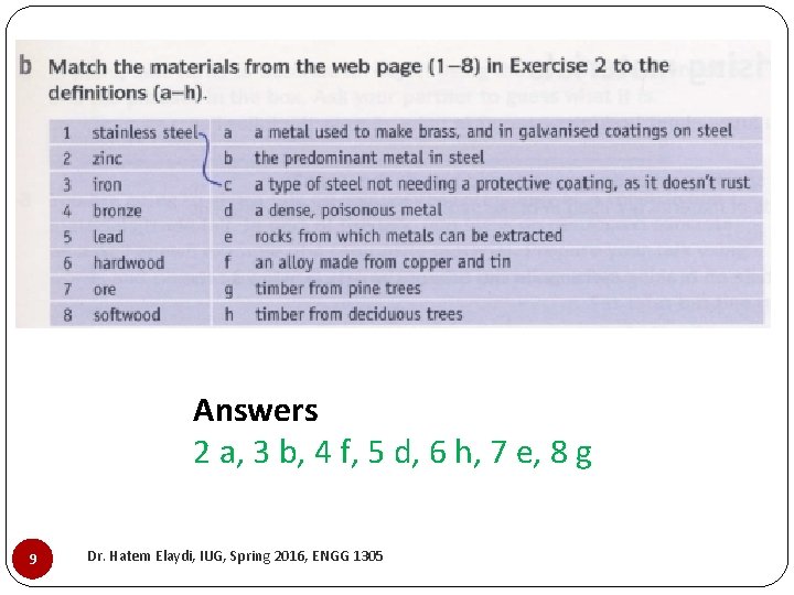 Answers 2 a, 3 b, 4 f, 5 d, 6 h, 7 e, 8