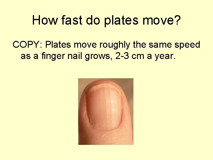 How fast do plates move? COPY: Plates move roughly the same speed as a