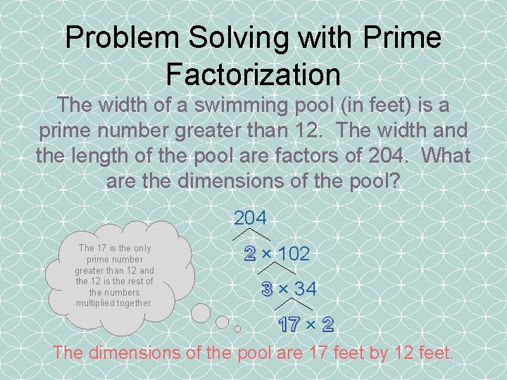Problem Solving with Prime Factorization The width of a swimming pool (in feet) is