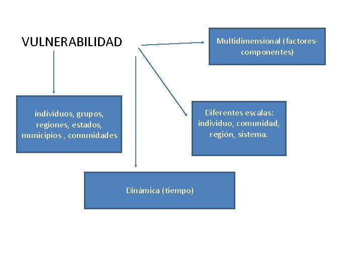 VULNERABILIDAD Multidimensional (factorescomponentes) Diferentes escalas: individuo, comunidad, región, sistema. individuos, grupos, regiones, estados, municipios
