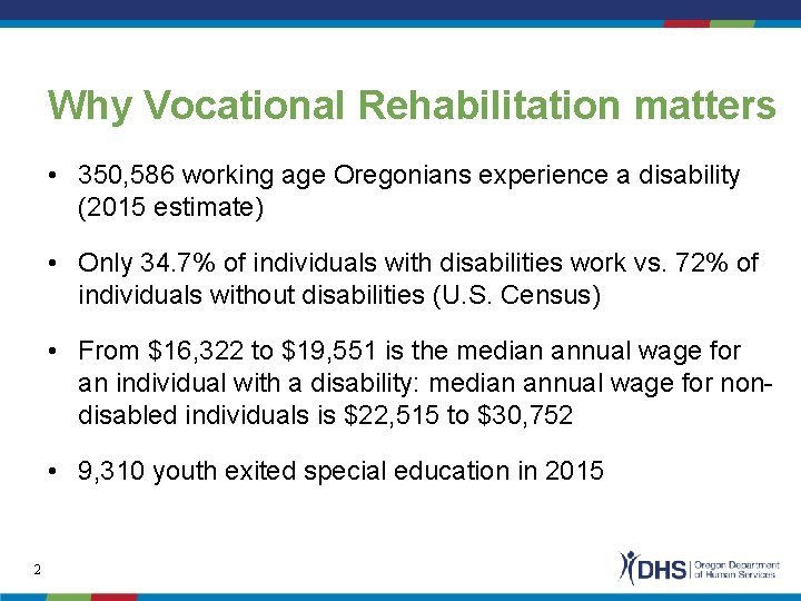 Why Vocational Rehabilitation matters • 350, 586 working age Oregonians experience a disability (2015