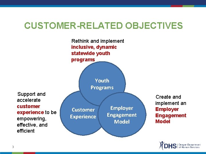 CUSTOMER-RELATED OBJECTIVES Rethink and implement inclusive, dynamic statewide youth programs Youth Programs Support and
