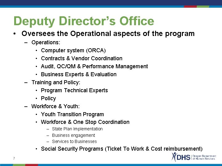 Deputy Director’s Office • Oversees the Operational aspects of the program – Operations: •